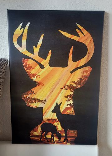 Hirsche im Wald, Aquarell und Acryl, Kunstdruck auf Leinwand 60x40 cm