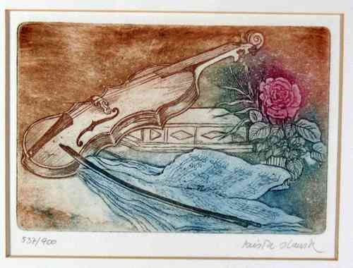 Krista Slanik ? - Lithographie 'Stilleben mit Violine und Rose'