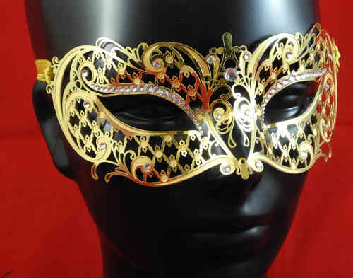Venetian laser cut out metal mask, golden, with strass pearls