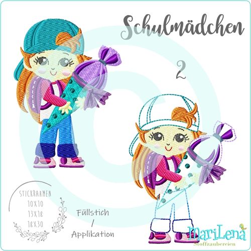 Schulmädchen 2 Füllstich / Applikation / Redwork