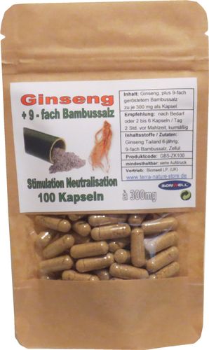 Ginseng + 9-fach Bambussalz Vegan Kapseln 300 mg. STOFFWECHSEL KÖRPERSÄFTE NERVENBAHNEN