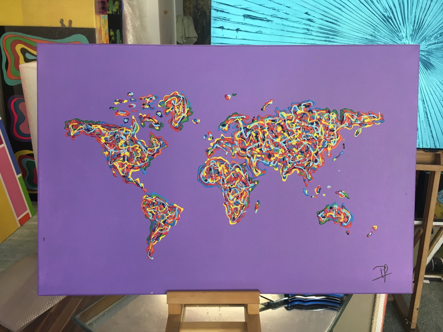 60x40cm Weltkarte Acryl auf Leinwand lila