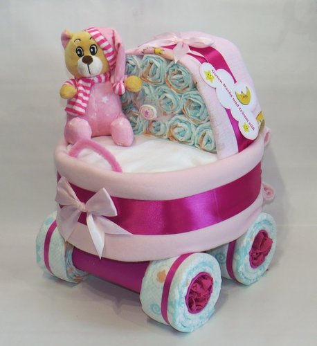 Windeltorte | Windelkinderwagen Stubenwagen mit Bär rosa | Babygeschenk