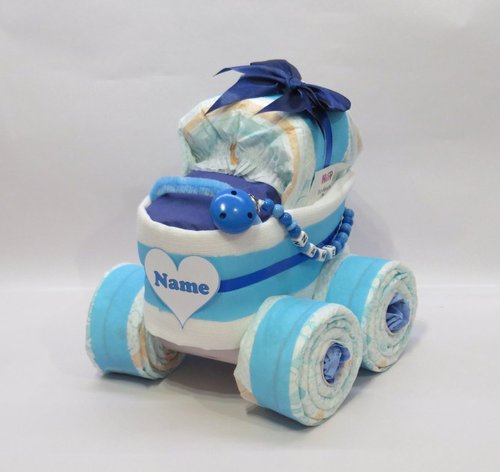 Windeltorte | Windelkinderwagen Herz mit Schnullerkette babyblau| Windelgeschenk
