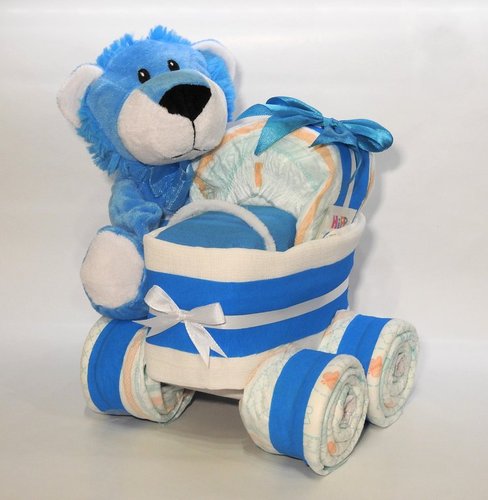 Windeltorte | Windelkinderwagen mit Plüsch Löwe in blau | Junge